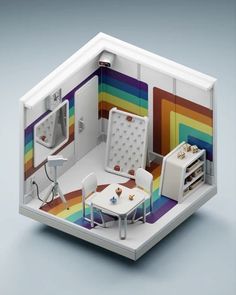 a room that has a table and chairs in it with rainbow stripes on the walls