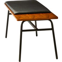 a wooden table with black leather top and metal frame legs, on a white background