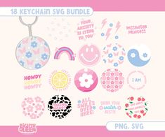 the keychain svg bundle includes pink, blue and white designs with flowers