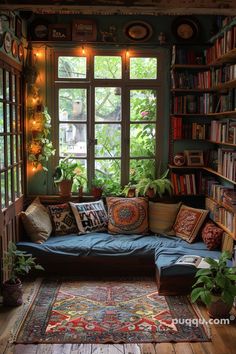 a living room filled with lots of books and plants