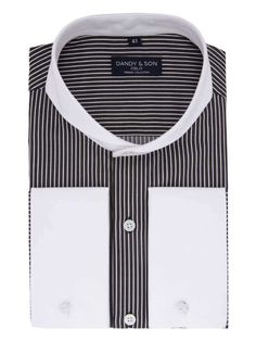 Extreme cutaway collar black pinstripe non iron contrast shirt french cuff flat lay Cutaway Collar, Scandinavian Fashion, French Cuff, Mother Of Pearl Buttons, Pearl Buttons, White Collar, Collar And Cuff, Dandy, Luxury Fabrics