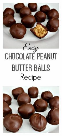 easy chocolate peanut butter balls recipe on a white plate with text overlay that says easy chocolate peanut butter balls