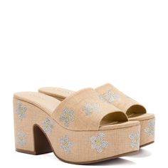 Miso Platform Sandal In Beige Raffia and Floral Crystals Bed Fan, Green Choices, Light Sapphire, Platform Slides, Elevate Your Look, Comfortable Sandals, Thick Heels, Crystal Embellishment, Retro Vibe