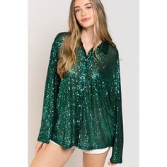 Designed In A Sequin-Adorned Shirts, Relaxed Fit With Long Sleeve, Button Closure, Chest Pocket, Finshed With Clean Hem. 90%Nylon 10%Spandex Models Are In Size Small. Small 2-4 Medium 6-8 Large 10-12 Stretchy. Runs Oversized. Size Down For A More Fitted Look. Smt1938 Deep Green B22 Sequin Button Up Shirt, Bath Dress, Animal Print Shirts, Green Sequins, Oversized Silhouette, Knitted Tshirt, Shirt Sale, Button Shirt, Sleeveless Tank Top