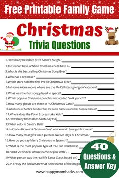 the christmas trivia questions and answer sheet is shown in red, white and green