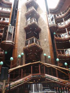 the inside of a building with many balconies