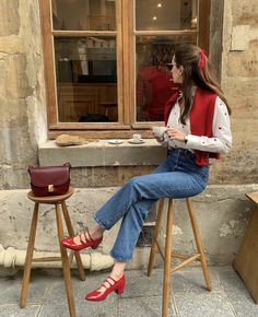 Rouje Paris Outfits, Red Mary Jane Shoes Outfit Ideas, Mary Jane Red Shoes Outfit, Red Mary Jane Outfit, Red Mary Jane Shoes Outfit, Red Mary Janes Outfit, Mary Jane Shoes Red, Sezane Shoes, Mary Jane Outfit