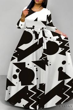 Lasaky - Perfect Vacation Wear A-Line Maxi Dress Long Sleeve Dresses With Abstract Print For Party, White Printed Maxi Dress For Party, Chic White Dress With Abstract Print, Chic White Dresses With Abstract Print, White Printed Maxi Dress For Fall, Chic A-line Dress With Abstract Print, Black A-line Maxi Dress With Print, Fall Printed White Maxi Dress, Fall White Printed Maxi Dress