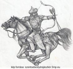 a drawing of a man riding on the back of a horse holding a bow and arrow