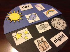 a paper plate with pictures and words on it that say day, night, and stars