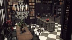 a dining room table and chairs in front of a bookshelf filled with lots of books