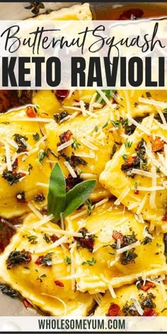 butternut squash keto ravioli with basil and parmesan cheese on top