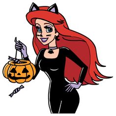 the little mermaid is holding a jack - o'- lantern and wearing a black dress