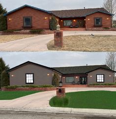 before and after photos of a house in the middle of an empty lot with grass