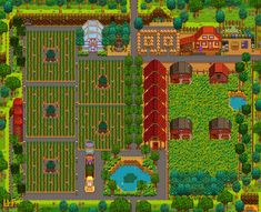 an aerial view of a farm with lots of trees and buildings