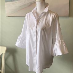 No Iron And Button Down Bubble Sleeve Top. Concealed Button Closure. 3/4 Sleeves. Length 26.5”. Cotton Spandex. $89 Before Tax Bubble Sleeve Top, Bubble Sleeve, Shirt Color, Cotton Spandex, Shirt Sleeves, Button Downs, Sleeve Shirt, Colorful Shirts, Sleeve Top