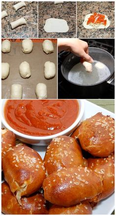 the process for making homemade pizzas is shown in four different pictures, including buns and sauce