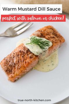 salmon fillet with lemon dill sauce on a white plate