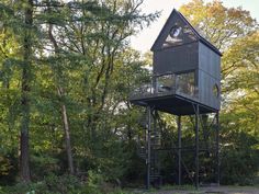 a tree house in the middle of trees with stairs leading up to it's top