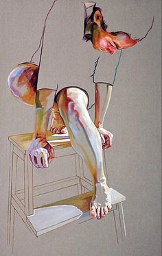 a painting of a man sitting on a bench with his legs crossed and feet bent