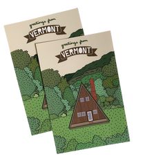 two greeting cards with the words vermont on them and a cabin in the woods next to each other