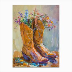 a painting of cowboy boots with flowers in them