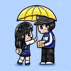 two people are standing under an umbrella in the rain, one is holding a box