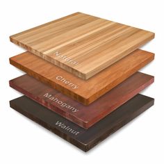 three different types of chopping boards stacked on top of each other with the words walnut, cherry, cranberry, maple and walnut