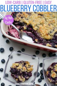 blueberry cobbler in a casserole dish with two servings