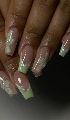 Pastel Nail Ideas Acrylic, White Acrylics Design, Aesthetic Sage Green Nails, September Birthday Nails Acrylic, Tiana Green Nails, Sage Green Nails Prom, Almond Nail Inspo Green, Tropical White Nails, Leaf French Tip Nails