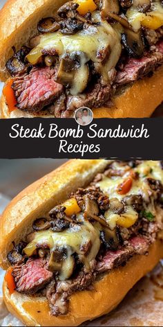 steak and mushroom sandwich recipe with cheese on the top, served in a breaded bun