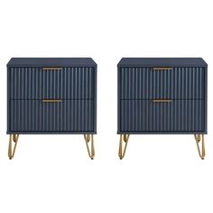 two blue nightstands with gold handles on each side and one has an open drawer