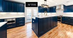 a kitchen with blue cabinets and white counter tops is shown before and after remodeling