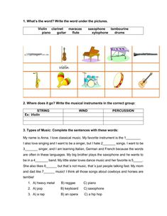 the worksheet for musical instruments is shown in an image with words and pictures on it