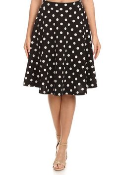 This easy stretch-jersey knee length skirt covered in lively dots is topped with an elastic waistband and cut in an A-line silhouette. Material: 96% polyester 4% spandex Stretch: Slightly stretchy Care: Machine wash cold, gentle cycle, tumble dry low. Made in USA Missy Dresses, Summer Wardrobe Essentials, Easy Stretches, Feeling Confident, Polka Dot Skirt, Dot Skirt, Jeans Size Chart, Plus Dresses, Knee Length Skirt