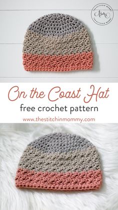 the crochet hat is made with two different colors and has text that reads on the