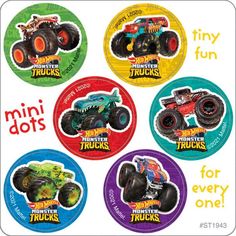 four monster trucks stickers with different colors and designs on them, all in the same circle