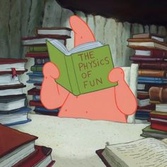 a cartoon character is reading a book in the middle of a room full of books