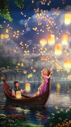 a painting of two people in a boat floating on water with lanterns flying above them