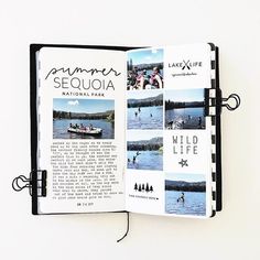 an open book with pictures of people on the water