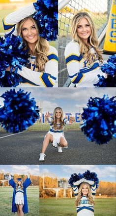 the cheerleader is posing for pictures in her blue and white uniform with pom - poms