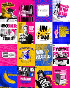 a collage of various posters with different colors and designs on them, including an image of a man holding a banana