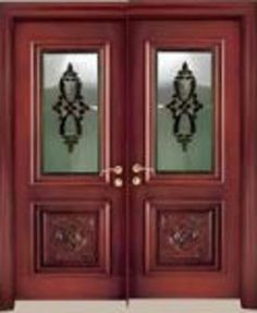 two wooden doors with decorative designs on the front and side panels, both in dark wood