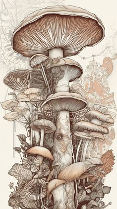 an artistic drawing of mushrooms and leaves