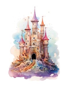 a watercolor painting of a castle on top of a hill