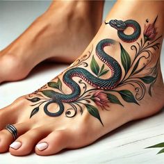 a woman's foot with a tattoo on it and a snake in the middle