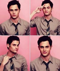 four different shots of a man wearing a shirt and tie, posing for the camera