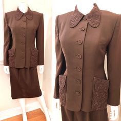 "1940's Fred A. Block nutmeg brown Wool Gab Suit w/Beaded Collar & Pockets, long & lean cut on both jacket & skirt. Size XS, measures Chest-34\", waist-29\", Sleeve-23 3/4\", Shoulder seam to seam-16\", hip-36-38\", length rear nape seam to hem-24 1/2\". Skirt measures waist-26\", hip-38\", length-26 3/4\". Metal zipper in skirt which is unlined. There's a minimum 5\" seam allowance to let out at the skirt. Suit is in exceptional excellent condition. No moth holes, possible light fad Classic Brown Skirt Suit For Work, Classic Brown Skirt Suit For Formal Occasions, Classic Brown Formal Skirt Suit, Elegant Brown Skirt Suit For Formal Occasions, Elegant Formal Brown Skirt Suit, Elegant Brown Formal Skirt Suit, Vintage Skirt Suit With Button Closure For Formal Occasions, Vintage Formal Skirt Suit With Button Closure, Vintage Skirt Suit For Semi-formal Fall Occasions