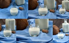 multiple shots of milk and coconuts on a blue cloth