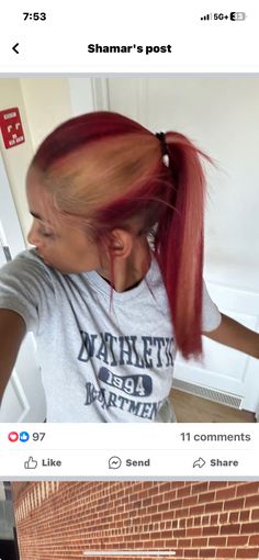 Cute Color For Hair, Different Hair Dye Colors, Brown Hair With Red Skunk Stripe, Color Hair Inspo Aesthetic, Pbj Hair Dye, Honey Blonde And Burgundy Hair, Color To Dye Hair Ideas, Split Dyed Natural Hair, Hair Color Ideas On Dark Skin